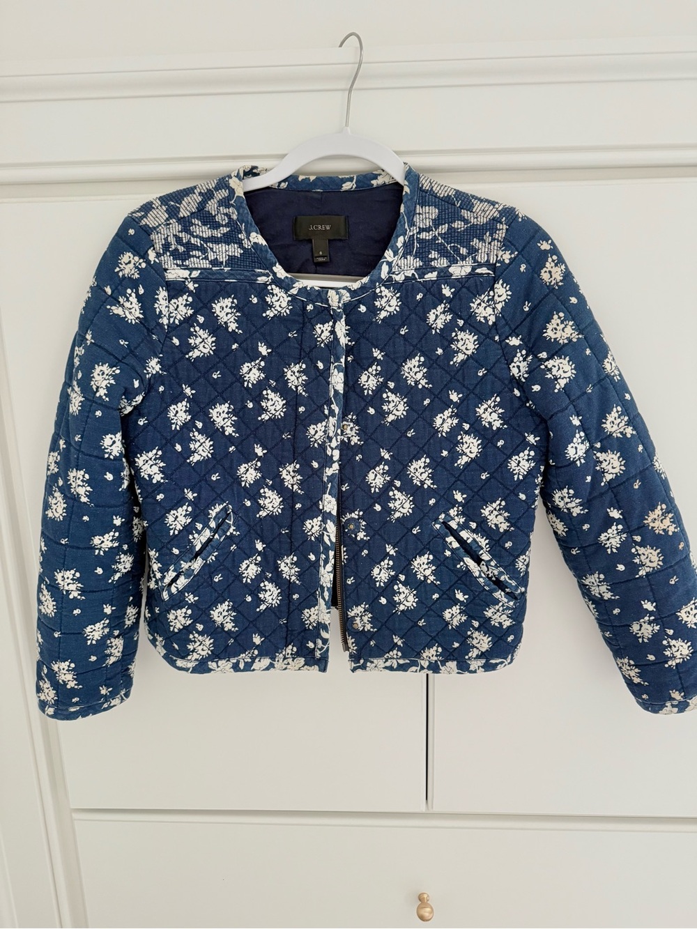 J. Crew women’s Navy Blue Quilted Floral Puffer Jacket